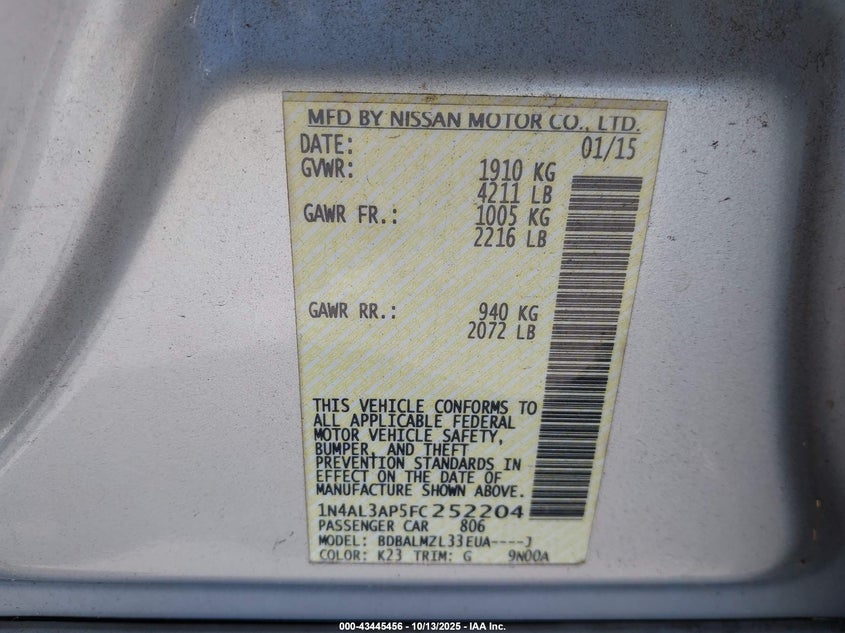 2015 NISSAN ALTIMA 2.5 SV 1N4AL3AP5FC252204