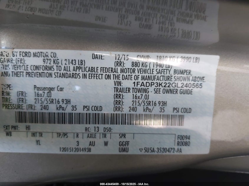 1FADP3K22GL240565 2016 FORD FOCUS photo no. 9