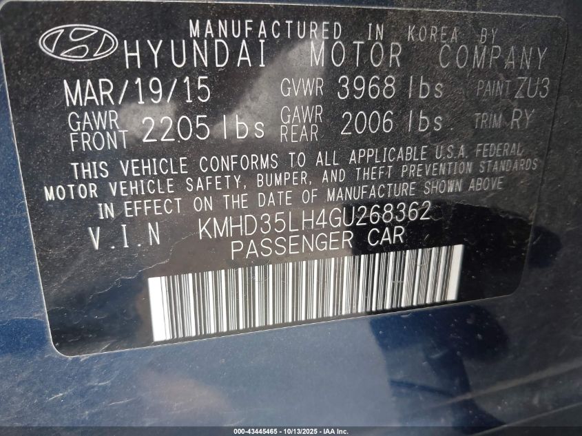 2016 Hyundai Elantra Gt VIN: KMHD35LH4GU268362 Lot: 43445465