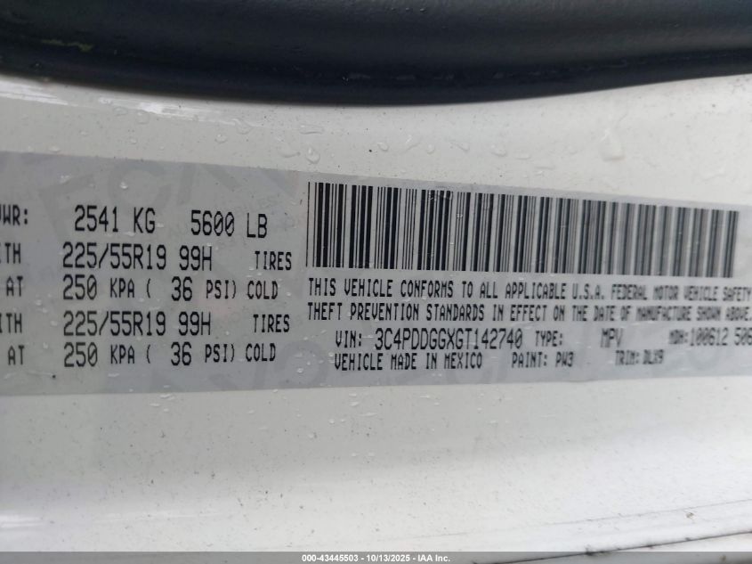 2016 Dodge Journey Crossroad Plus VIN: 3C4PDDGGXGT142740 Lot: 43445503