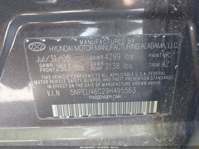 5NPEU46C29H495563 2009 HYUNDAI SONATA photo no. 9