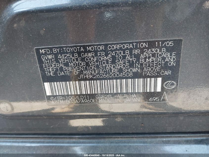 2006 Lexus Is 250 VIN: JTHBK262662004508 Lot: 43445548