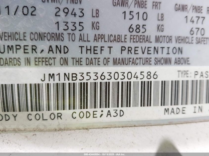 2003 Mazda Mx-5 Miata Cloth/Ls/Se/Shinsen VIN: JM1NB353630304586 Lot: 43445554