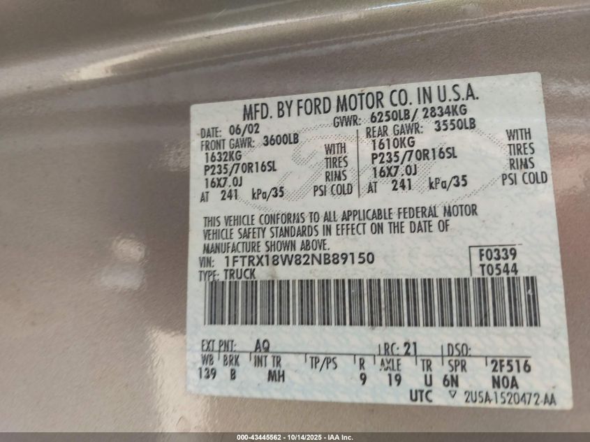 2002 Ford F-150 Lariat/Xl/Xlt VIN: 1FTRX18W82NB89150 Lot: 43445562