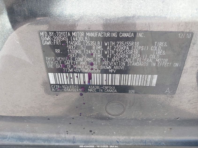 2011 Toyota Rav4 Sport VIN: 2T3WF4DV1BW068599 Lot: 43445588