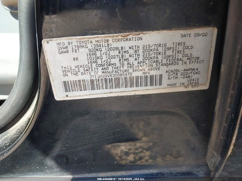 2003 Toyota Rav4 VIN: JTEGH20VX30085475 Lot: 43445613