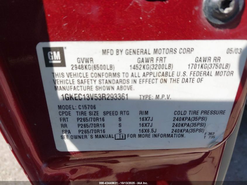 2003 GMC Yukon Sle VIN: 1GKEC13V53R293361 Lot: 43445631