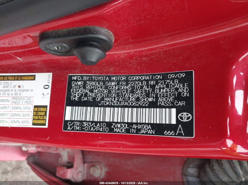 2010 Toyota Prius V VIN: JTDKN3DUXA0062922 Lot: 43445639