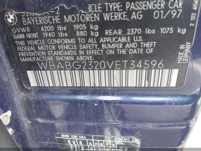 1997 BMW 328Is VIN: WBABG2320VET34596 Lot: 43445646