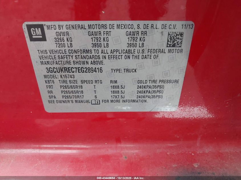 2014 Chevrolet Silverado 1500 2Lt VIN: 3GCUKREC7EG289416 Lot: 43445654