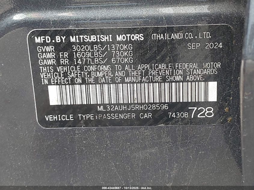 2024 Mitsubishi Mirage Es/Le VIN: ML32AUHJ5RH028596 Lot: 43445687