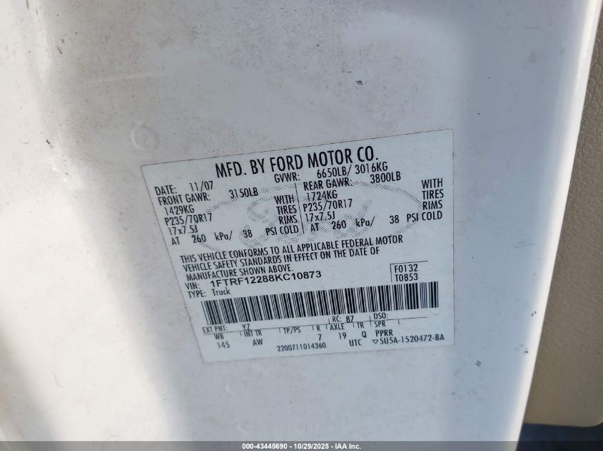 2008 Ford F-150 Stx/Xl/Xlt VIN: 1FTRF12288KC10873 Lot: 43445690