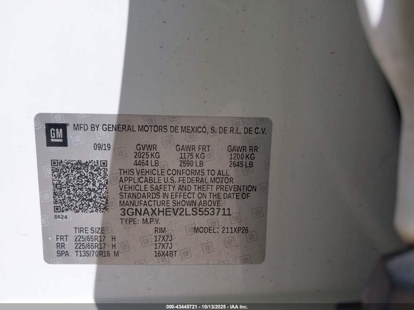 2020 Chevrolet Equinox Fwd Ls VIN: 3GNAXHEV2LS553711 Lot: 43445721