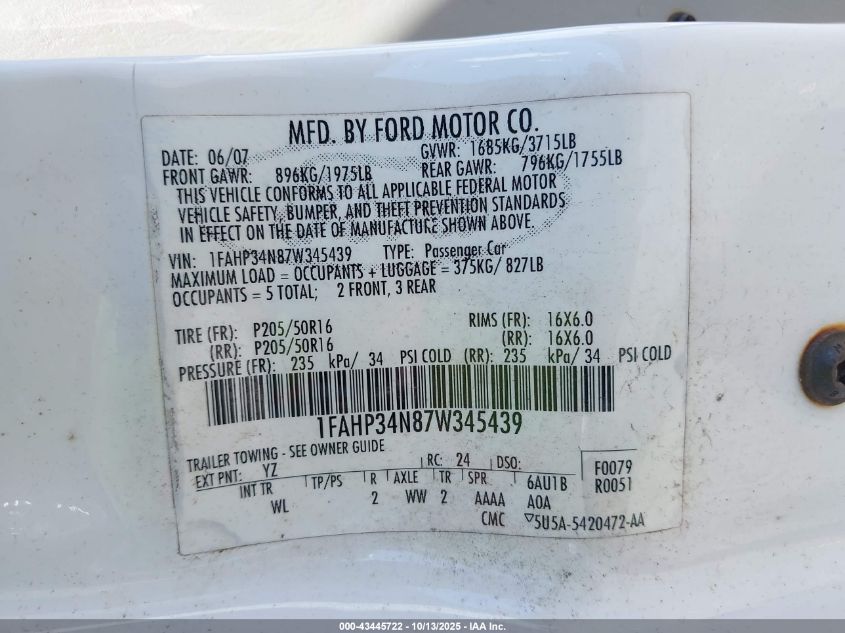 2007 Ford Focus S/Se/Ses VIN: 1FAHP34N87W345439 Lot: 43445722