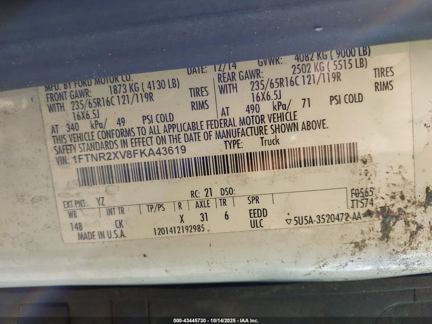 1FTNR2XV8FKA43619 2015 FORD TRANSIT photo no. 9