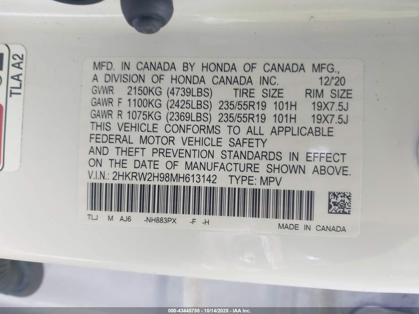 VIN 2HKRW2H98MH613142 2021 HONDA CR-V AWD TOURING