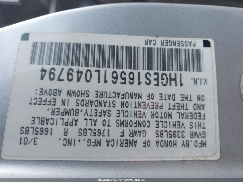 2001 Honda Civic Lx VIN: 1HGES16561L049794 Lot: 43445765