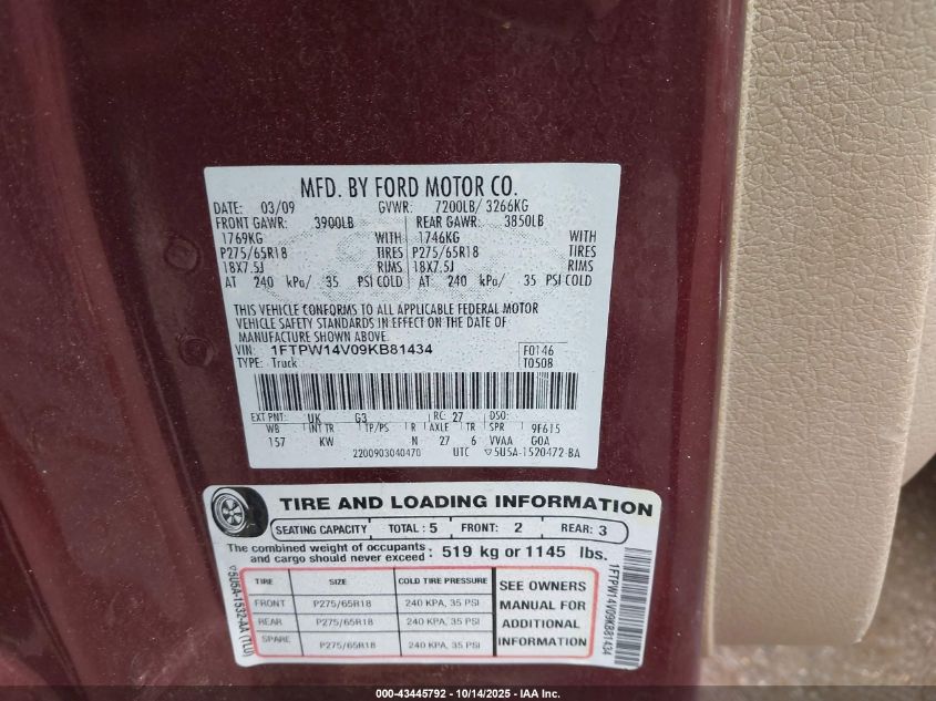 2009 Ford F-150 Fx4/King Ranch/Lariat/Platinum/Xl/Xlt VIN: 1FTPW14V09KB81434 Lot: 43445792