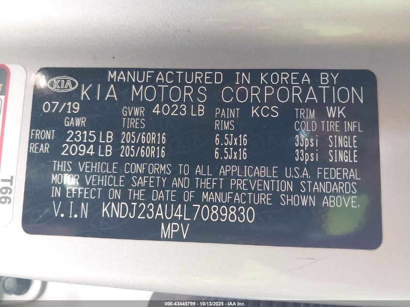 2020 Kia Soul Lx VIN: KNDJ23AU4L7089830 Lot: 43445799