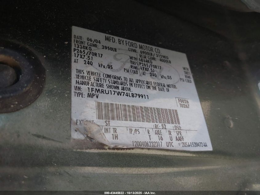 2004 Ford Expedition Eddie Bauer VIN: 1FMRU17W74LB79911 Lot: 43445822