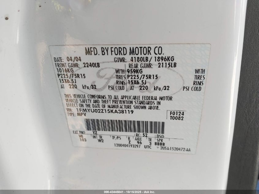 2005 Ford Escape Xls VIN: 1FMYU02Z15KA38119 Lot: 43445841