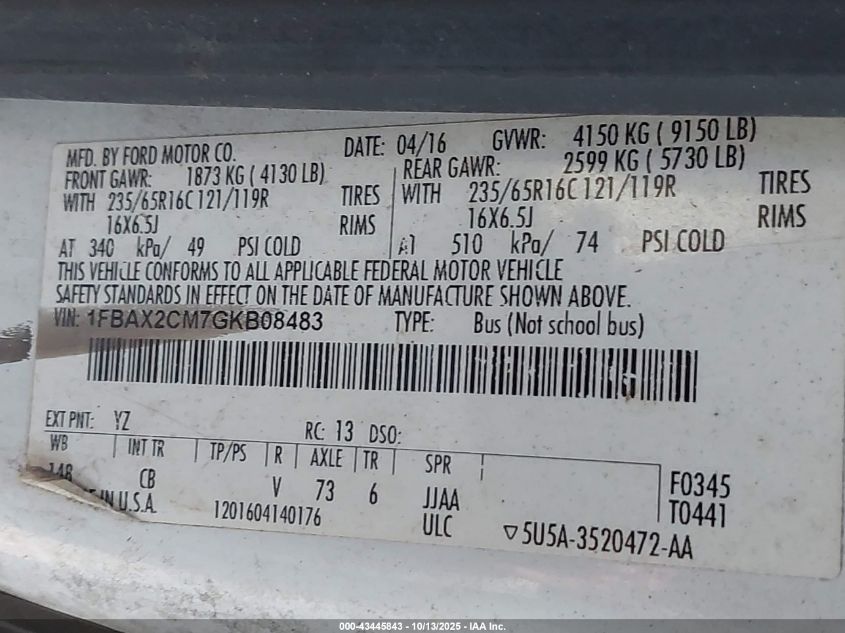 2016 Ford Transit-350 Xlt VIN: 1FBAX2CM7GKB08483 Lot: 43445843