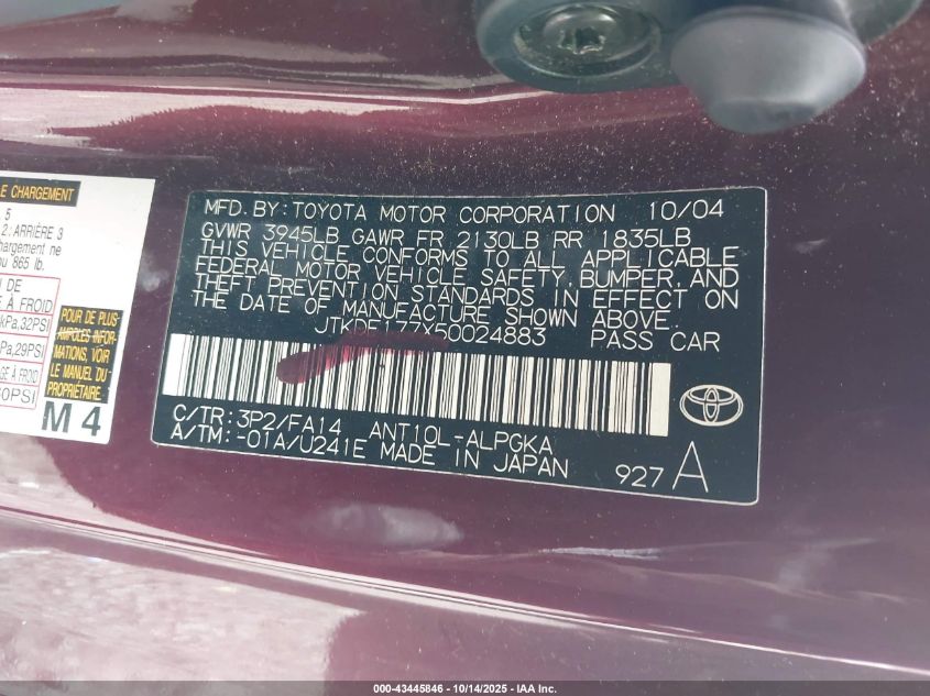 2005 Scion Tc VIN: JTKDE177X50024883 Lot: 43445846