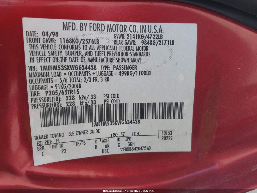 1998 Mercury Sable Ls VIN: 1MEFM53SXWG634438 Lot: 43445848