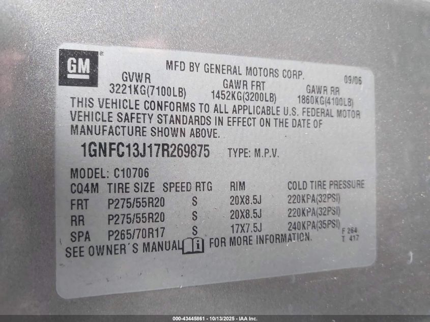 2007 Chevrolet Tahoe Ltz VIN: 1GNFC13J17R269875 Lot: 43445861