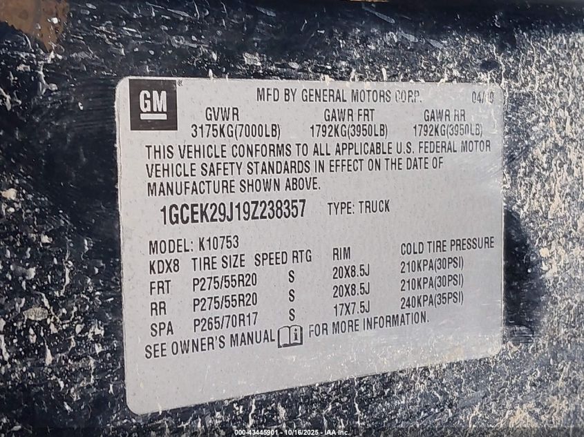 2009 Chevrolet Silverado 1500 Lt VIN: 1GCEK29J19Z238357 Lot: 43445901