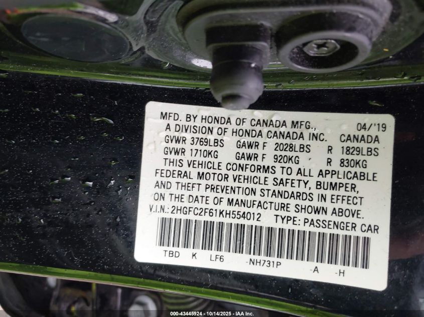 2019 Honda Civic Lx VIN: 2HGFC2F61KH554012 Lot: 43445924