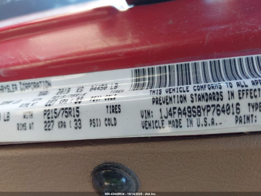 2000 Jeep Wrangler Sport VIN: 1J4FA49S8YP764016 Lot: 43445934