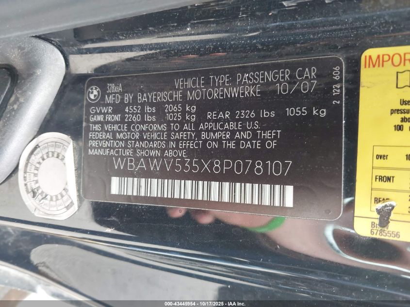 2008 BMW 328Xi VIN: WBAWV535X8P078107 Lot: 43445954