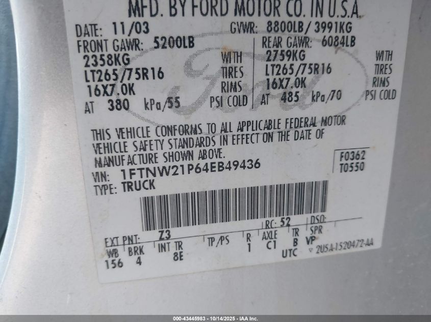 2004 Ford F-250 Lariat/Xl/Xlt VIN: 1FTNW21P64EB49436 Lot: 43445983