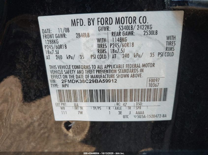 2009 Ford Edge Sel VIN: 2FMDK38C29BA59912 Lot: 43446004