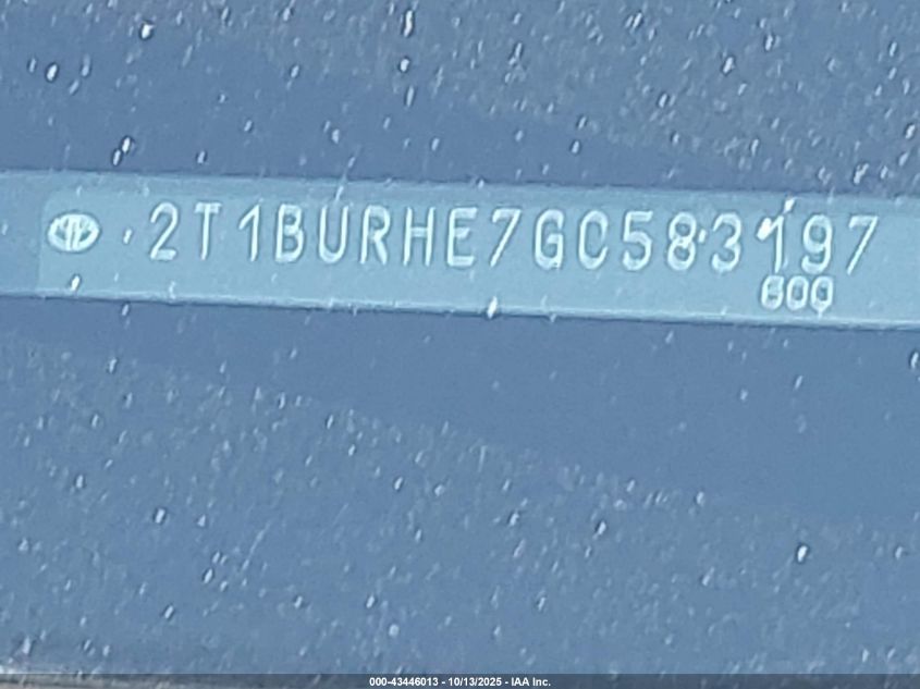 2016 Toyota Corolla Le VIN: 2T1BURHE7GC583197 Lot: 43446013