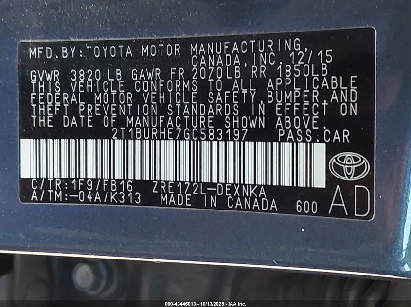 2016 Toyota Corolla Le VIN: 2T1BURHE7GC583197 Lot: 43446013