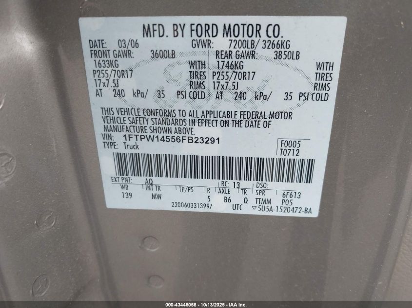 2006 Ford F-150 Fx4/Lariat/Xlt VIN: 1FTPW14556FB23291 Lot: 43446058