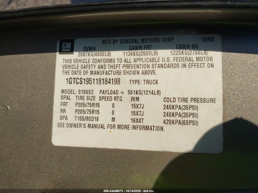 2001 GMC Sonoma Sls VIN: 1GTCS195118184198 Lot: 43446073