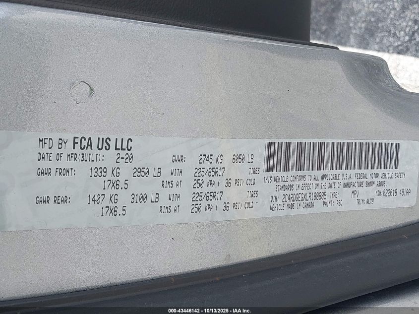 2020 Dodge Grand Caravan Gt VIN: 2C4RDGEGXLR188885 Lot: 43446142