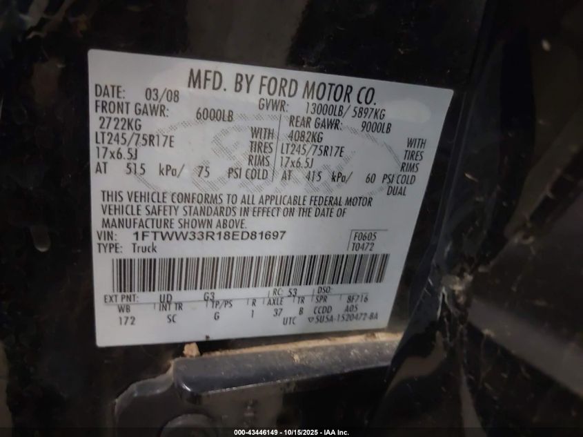 2008 Ford F-350 Fx4/King Ranch/Lariat/Xl/Xlt VIN: 1FTWW33R18ED81697 Lot: 43446149