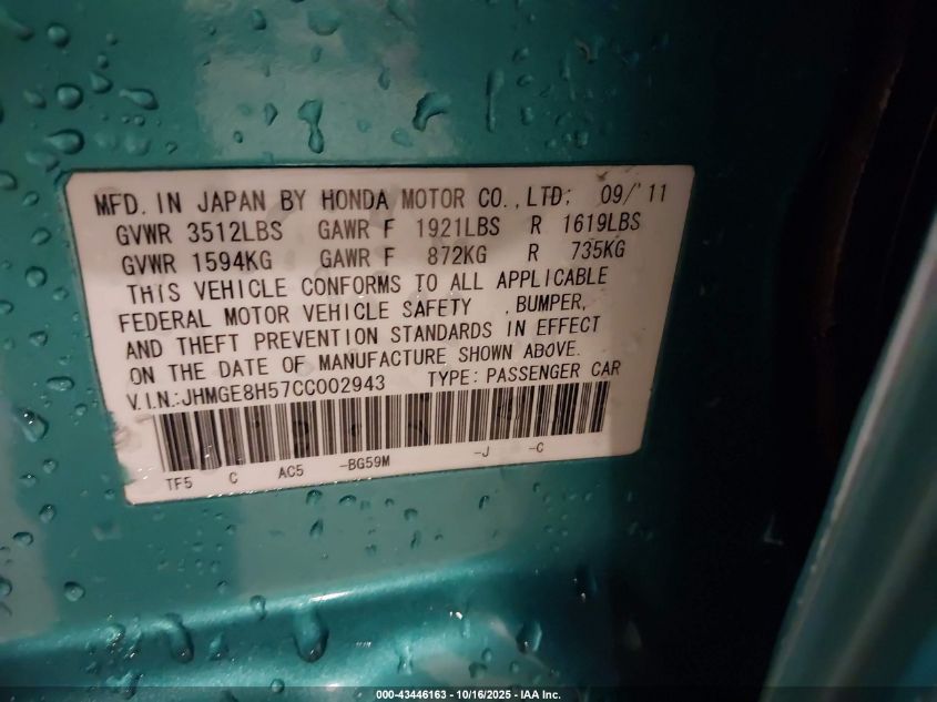 2012 Honda Fit Sport VIN: JHMGE8H57CC002943 Lot: 43446163