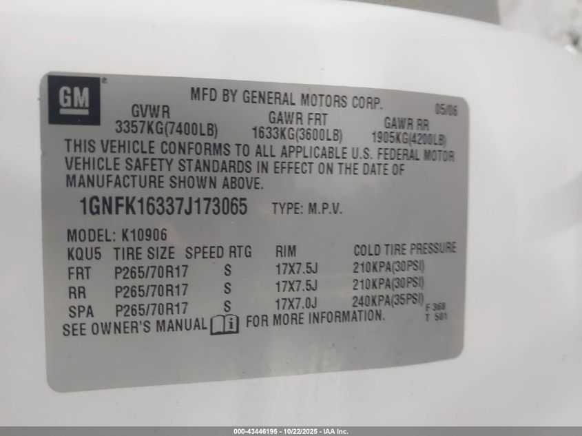 2007 Chevrolet Suburban 1500 Lt VIN: 1GNFK16337J173065 Lot: 43446195