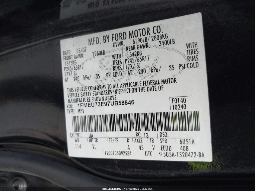 2007 Ford Explorer Xlt VIN: 1FMEU73E97UB58846 Lot: 43446197