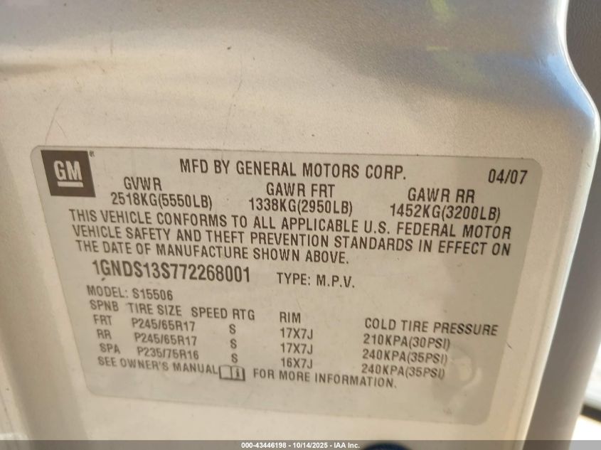 2007 Chevrolet Trailblazer Ls VIN: 1GNDS13S772268001 Lot: 43446198