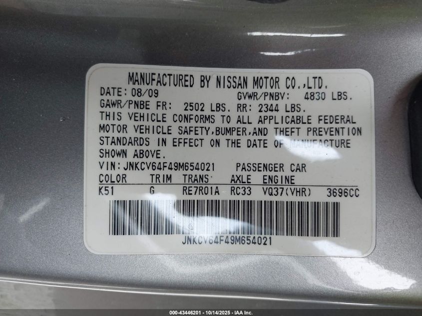 2009 Infiniti G37X VIN: JNKCV64F49M654021 Lot: 43446201