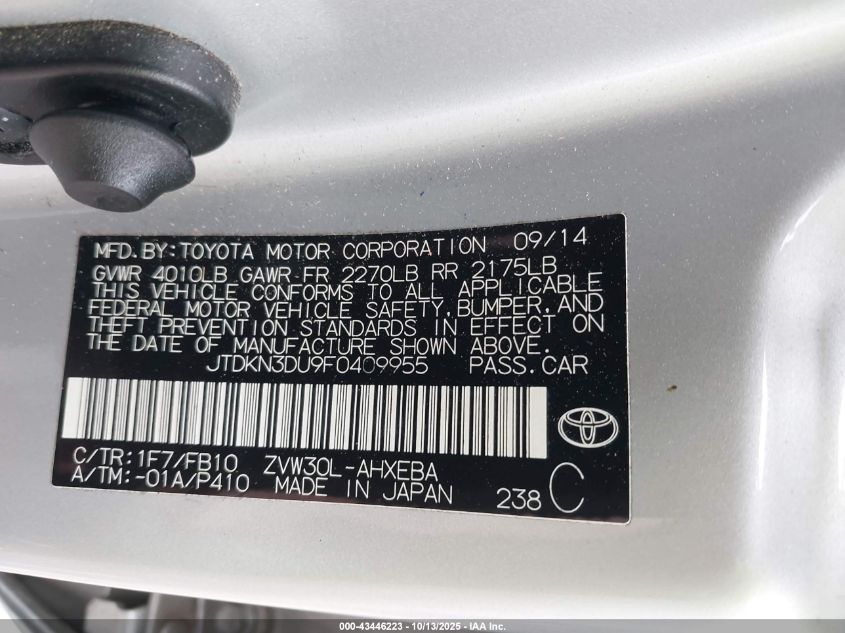 2015 Toyota Prius Two VIN: JTDKN3DU9F0409955 Lot: 43446223