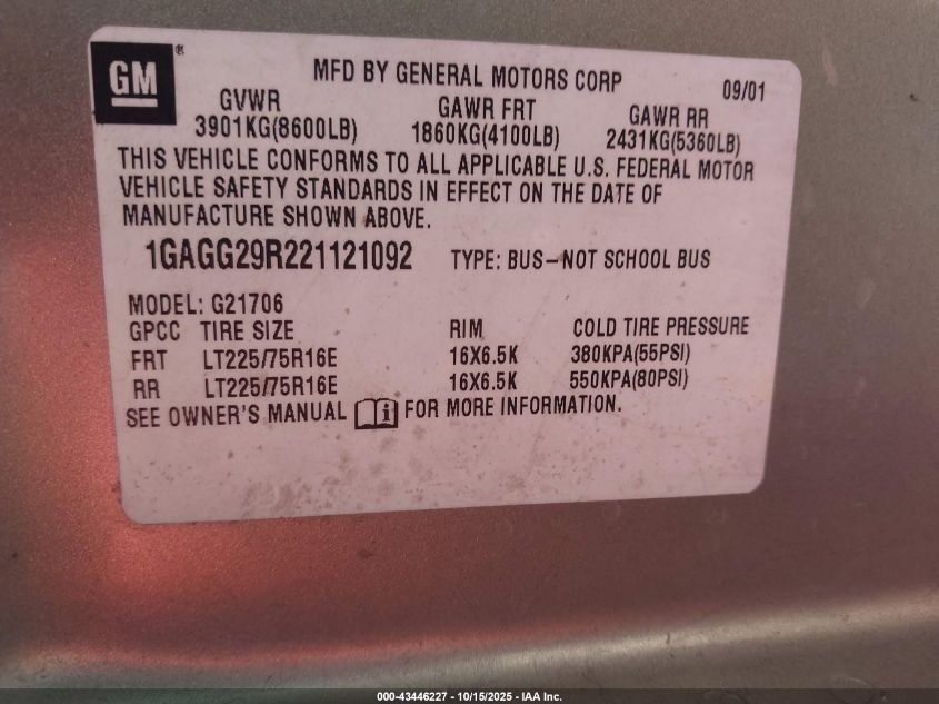 2002 Chevrolet Express VIN: 1GAGG29R221121092 Lot: 43446227