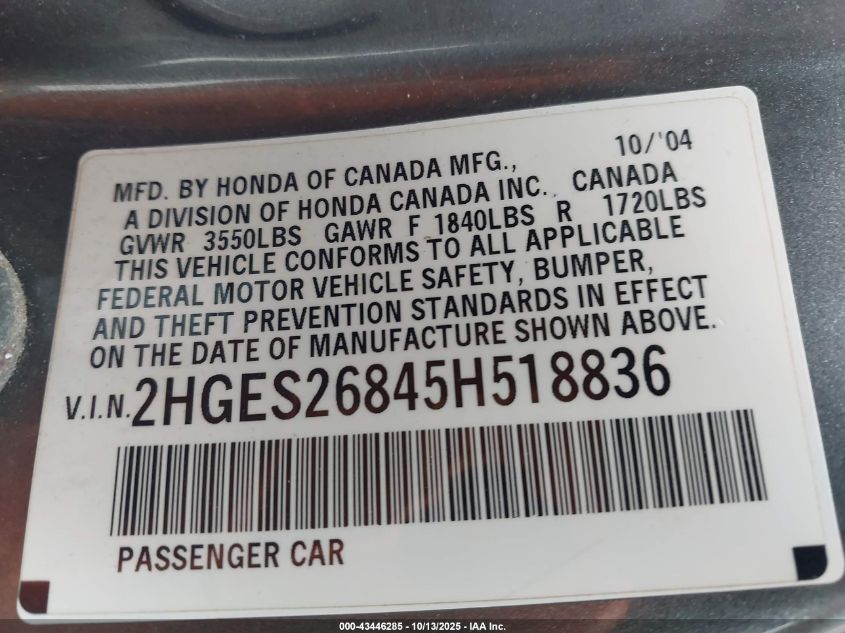 2005 Honda Civic Ex VIN: 2HGES26845H518836 Lot: 43446285