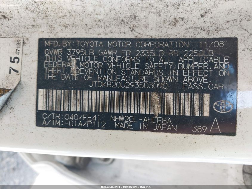 2009 Toyota Prius VIN: JTDKB20U293503090 Lot: 43446291